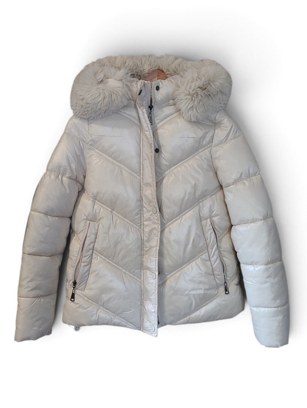 Women's Cream Puffer Jacket With Faux Fur Trim Detachable Hood Small